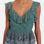 Veronica Beard  Silk Teal Paisley Randa Ruffle Trim Peplum Top Photo 0