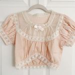 Japanese Kawaii Pastel Peach Pink Lace Ruffle Ribbon Bow Silky Crop Top Blouse Size XS Photo 6