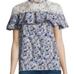 Belle Sky Belle & Sky Top Women's Size Small Blue Floral Boho Ruffled Lace Casual Blouse Photo 0