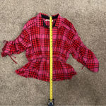 Free People  Pacific Dawn Red Pink Plaid Shirred Shirt Top. Size Medium. Photo 10