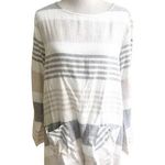 Toofan Linen Tunic Size Large Front Pockets Striped Crew Neck Neutral Colors Tan Photo 0