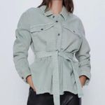 ZARA denim belted cotton jean jacket sage green Sz XL Photo 0