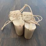 Nude Glitter Iridescent Glam Square Open Toe Block Heel Lace Up Sandals US 9.5 Tan Photo 3