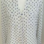 EXPRESS  Portofino Shirt Top Size S White Blue Anchor Long Roll Tab Sleeve Career Photo 0
