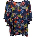 Est. 1946 NWT Tropical Floral Sheer Mesh Ruffle Pom Pom Sleeve Stretch Blouse Photo 3