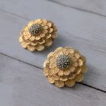 Vintage Clip On Earrings Gold Tone Flower with Light Blue Accents Photo 2