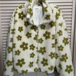 KYOYO Fuzzy Long Sleeve Zip Up Crop Ivory/Green Flowers Jacket Size XL Soft Green Photo 0