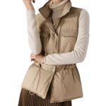 Boutique Womens Down Puffer Vest Drawstring Waist Khaki Tan Button Close Small Photo 9