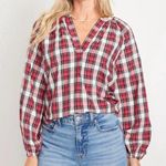 Old Navy Red Split-Neck Plaid Seersucker Shirt Photo 0