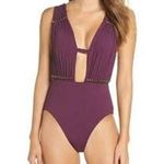 Becca L Reconnect One Piece Swimsuit Burgundy Oxblood Plunging Beaded Charms Photo 1