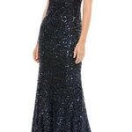 Mac Duggal Ieena Blue Cowl Draped Back Boat Neck All Over Sequined Dress Size 0 Photo 0