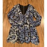 NBD X Corinne Womens Blue Lace Mini Dress Long Sleeve Floral Fitted V Neck Photo 2
