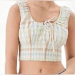 American Eagle  Plaid Pastel Earth Tones Smocked Bubble Crop Top Photo 1