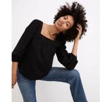 Madewell Square-Neck Bubble-Sleeve Top in Plaid-True Black. Size: S Photo 0