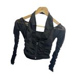 SheIn Womens S Black Cropped Long Sleeve Blouse Cut Out Halter Zip Front Stretch Photo 2