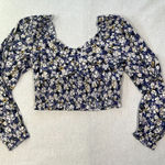 Elodie  Blouse Women's Blue Floral Boho Peasant Crop Top Long Puff Slv Size L Photo 0