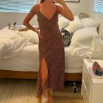 Urban Outfitters  | Satin Polka Dot Midi Slit V Neck Dress in Brown, Size Small Photo 2