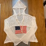 POL  American Flag Open Knit Crochet Sweater Top Hoodie Red White and Blue Large Photo 2