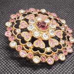 Monet Vintage  Textured Gold Tone Pink Clear Crystals Hearts Cluster Brooch Photo 2
