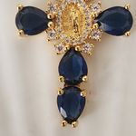 Gold Steel Cross Pendant Crystal Simulated Sapphire Stones and Virgin Mary Blue Photo 2