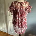 Doe & Rae  Wine Burgundy Floral Blouse Small Ruffle Flutter Sleeve Chiffon Top Photo 1