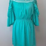 Si Style Turquoise Crochet Ruffle Sleeve Mini Dress Medium Blue Photo 0