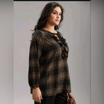 Bloomchic Black Plaid Keyhole Frill Trim Long Sleeve Blouse  top shirt woman’s 14 Photo 1