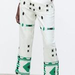 ZARA  Embroidered Linen Blend Pants White Green Aztec Design Pocket Blogger Fav S Photo 0