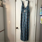 Modcloth  Wild Pony Floral Jumpsuit Shoulder Tie Blue Straight Wide Leg Black L Photo 1