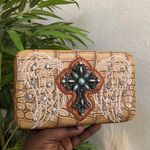 Western Boho Hippie Indie Tan cream western large beaded clutch bag purse wallet rhinestones angel wings dedazzled embellished silver tone Measurements in pics Photo 1