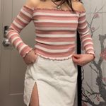 Better Be Pink & White Striped Ribbed Lettuce-Hem Off-The-Shoulder Long-Sleeve Top | Photo 1