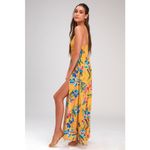 Lulus NWT  Laela Mustard Yellow Floral Print Crochet Swim Cover-Up Beachy Size M Photo 2
