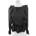 CeCe  Black Long Sleeve Ruffle Sheer Polka Dot Print Mesh Peplum Blouse Top S Photo 4