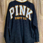 PINK - Victoria's Secret PINK Victoria’s Secret dark gray/white/yellow logo pullover, size L, NWOT Photo 0