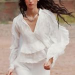 ZARA  NWT white ruffled v neck flowy top jacquard floral detail Photo 6