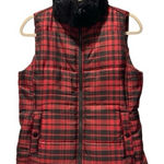 CHAPS  Red Plaid Puffer Vest Faux Fur Collar Winter Holiday Size Sm Photo 0