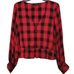 Sanctuary Buffalo Plaid Red & Black V Neck Button Down Festive Blouse Size XS Photo 0