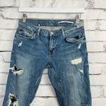 ZARA  Cropped Straight Leg Jeans Size 4 Medium Wash Distressed Ripped Capri Y2K Photo 5