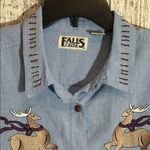 Vintage 80’s Folk Embroidery Button Front Shirt Chambray Large Christmas Grandma Blue Photo 2