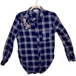 Kensie  Navy White Plaid Floral Embroidered Button-Down Boho Cozy Casual Shirt S Photo 0