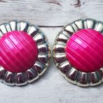 Vintage Clip On Earrings Pink & Light Gold Tone Large 1.75" Statement Unusual Photo 0