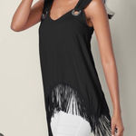 Venus | Women's Black Fringe V-Neck Sleeveless Blouse Shirt Photo 0