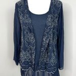 Belle France Blue Long Sleeve Silk Blouse Silver Embroidered Tunic Top Small Photo 4