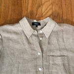 Theory  Hekanina Front Tie Linen Weave Button Down Shirt‎ top tan size Small Photo 5