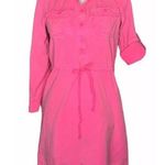 J.Crew Drawstring Shirt Dress Long Sleeves Roll Tab Patch Pockets Neon Pink Sz 0 Photo 0