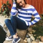 Betsey Johnson Blue White "Namaste Beaches" Striped Long Sleeve Top Photo 0