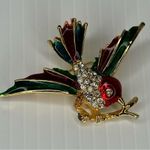 Source Unknown Vintage Bird on Branch Brooch Enamel Green Red Gold Tone Rhinestone Signed Photo 1