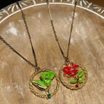 Vintage Green Calla Lilly & Red Rose Flower Gold Tone Necklaces Photo 2