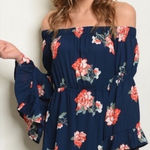 Floral Off Shoulder Mini Dress Navy Bell Sleeve Ruffle Boho Spring NWT Blue Photo 0