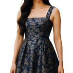 Francesca's Blue Gold Floral Metallic Sleeveless Midi Fit & Flare A-line Dress L Photo 9